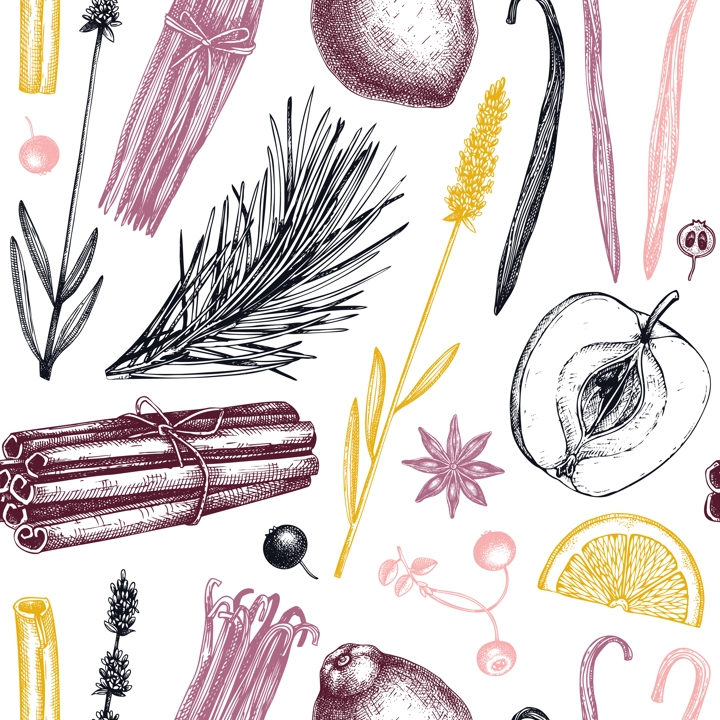 Aromatic ingredients seamless pattern. Vector background with hand-sketched materials for candles, soap, cosmetics, perfumery production. The natural backdrop for wrapping paper, packaging, textile.
